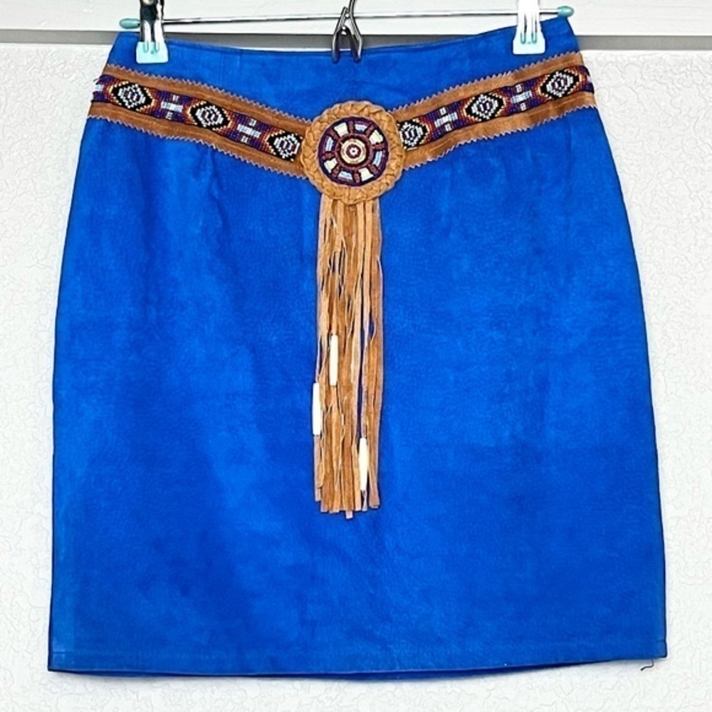 VINTAGE Cobalt Leather Suede Beaded Fringe‎ Southwestern Native American Skirt S